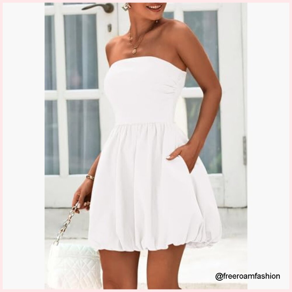 Strapless Mini Bubble Dress Smocked Back A-Line Sundress Summer Casual - Picture 5 of 7